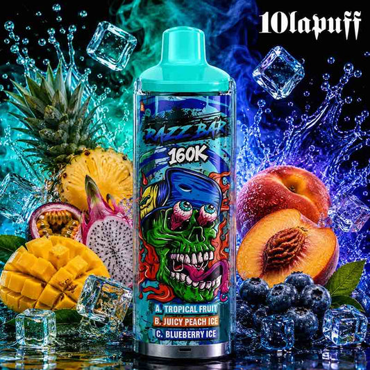 PUFF 160000 RAZZBAR - Tropisch fruit, sappige perzik-ijs & bosbes-ijs