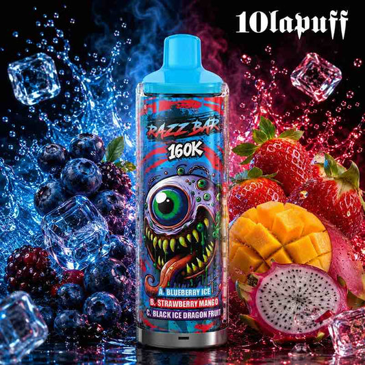 PUFF 160000 RAZZBAR - Bosbes-ijs, aardbei-mango & zwarte ijsdragonvrucht