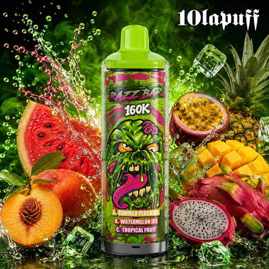 PUFF 160000 RAZZBAR - Zom perzik-ijs, watermeloen-ijs & tropisch fruit