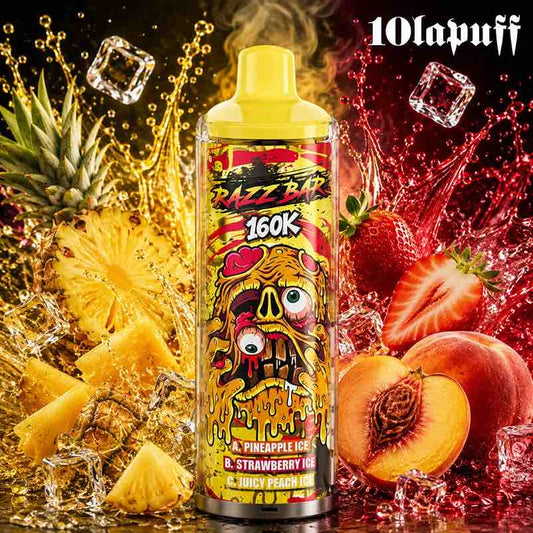 PUFF 160000 RAZZBAR - Ananas-ijs, aardbei-ijs & sappige perzik-ijs