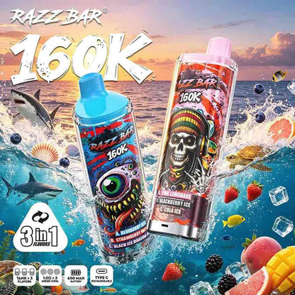 PUFF 160000 RAZZBAR - Aardbei-banaan, kiwi-passievrucht-guave & bosbes-framboos